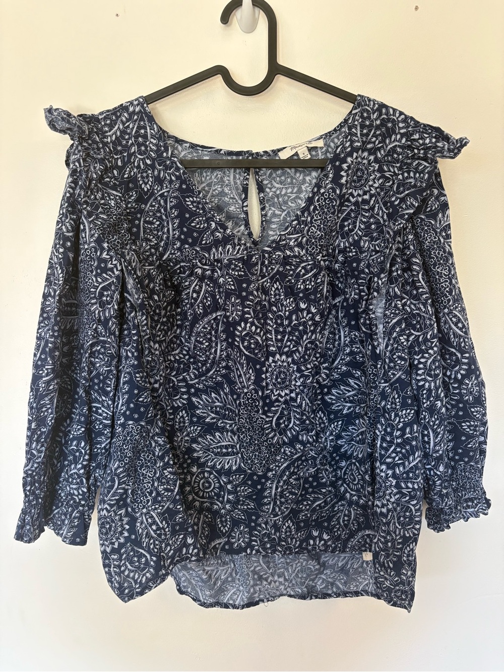 Madewell Flutter Sleeve Top Navy Floral Keyhole Back Boho Blouse Size S